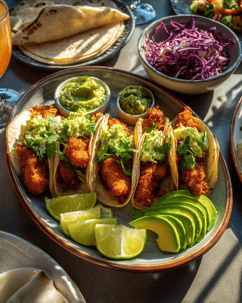 Platter of crunchy chicken taco fingers served with salsa, guacamole, and lime wedges