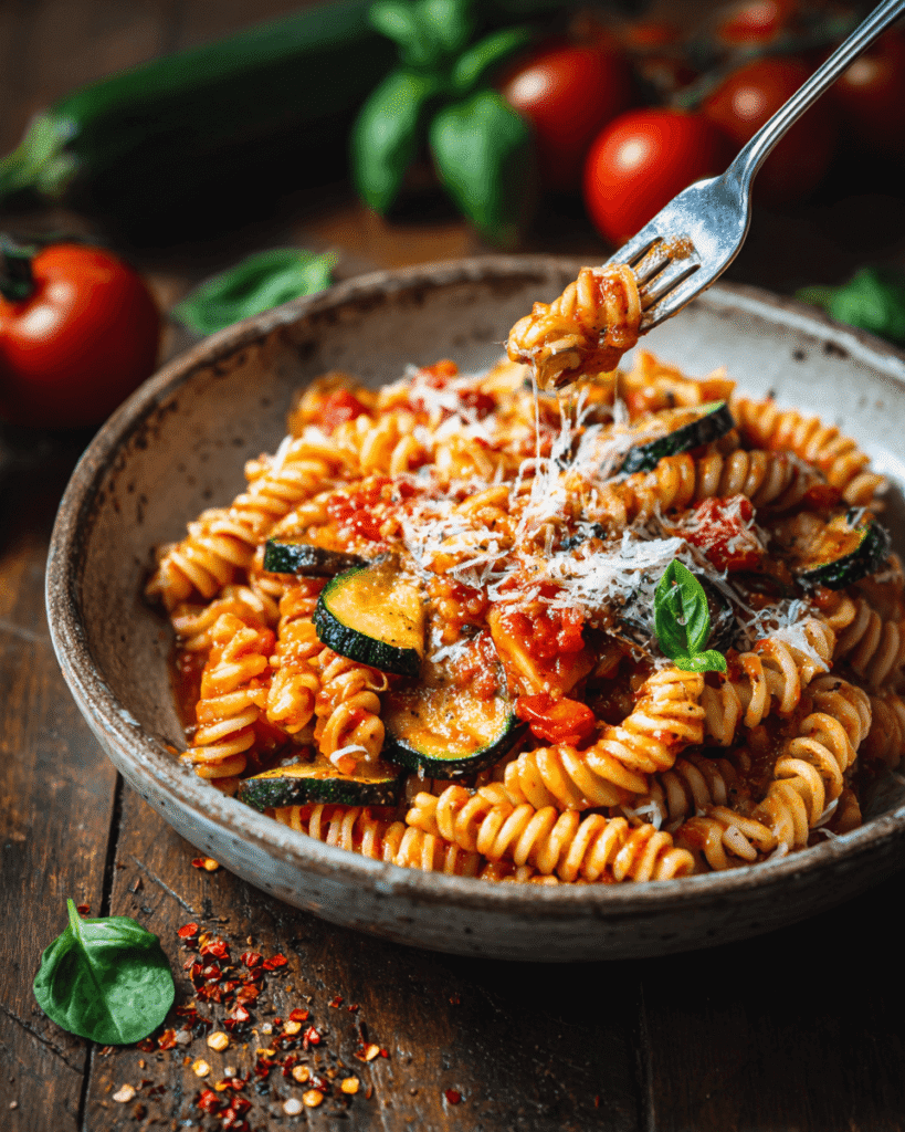 Bowl of tomato zucchini pasta topped with fresh basil and parmesan cheese