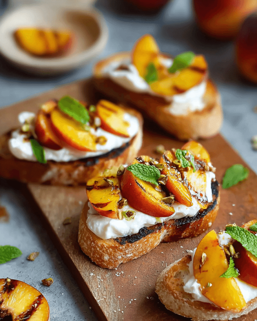 Plated grilled peach and burrata crostini ready to serve as an appetizer