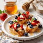 Fresh strawberry and blueberry bruschetta on toasted baguette slices topped with cream cheese and honey