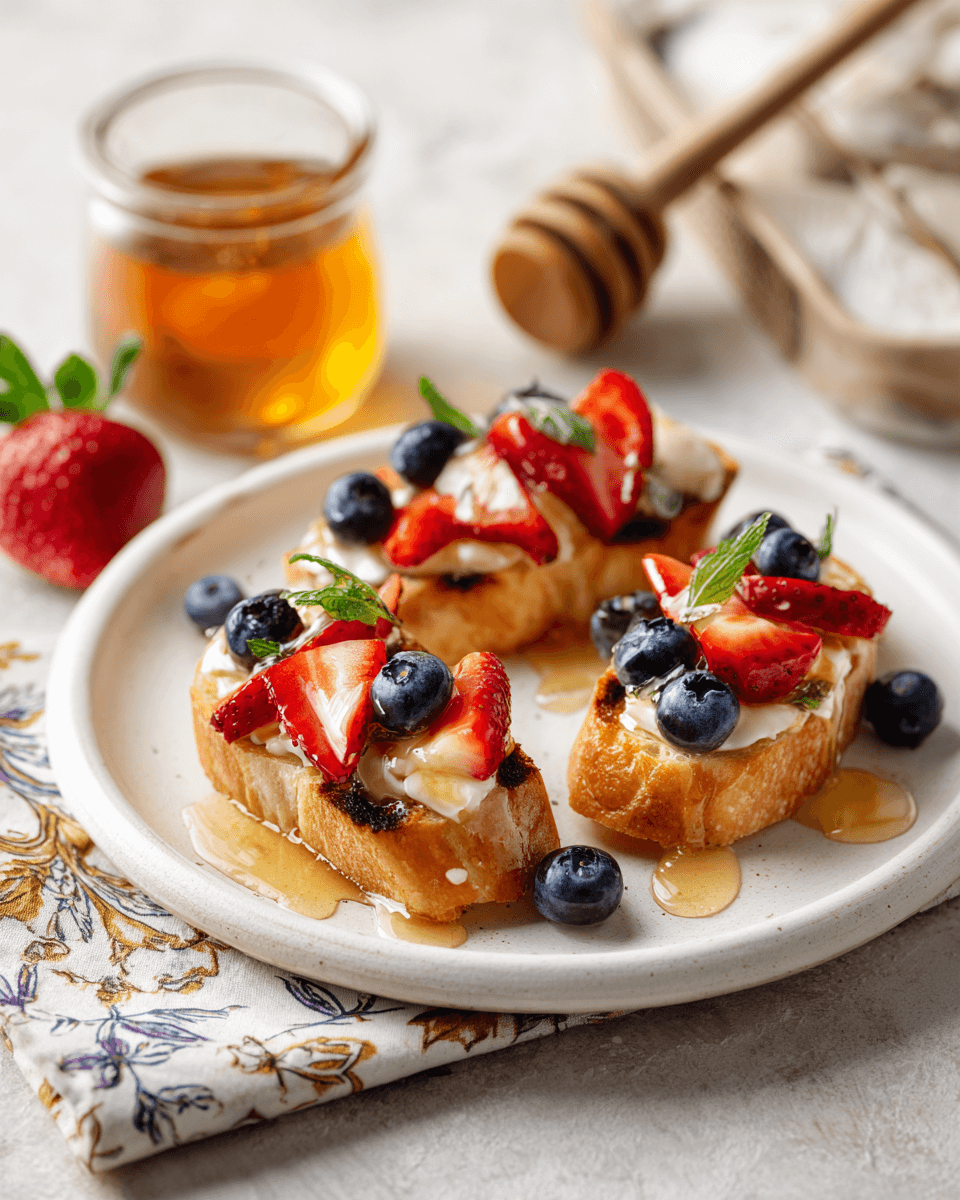Fresh strawberry and blueberry bruschetta on toasted baguette slices topped with cream cheese and honey