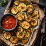 Crispy air fryer zucchini chips served in a tray with a sprinkle of salt and herbs