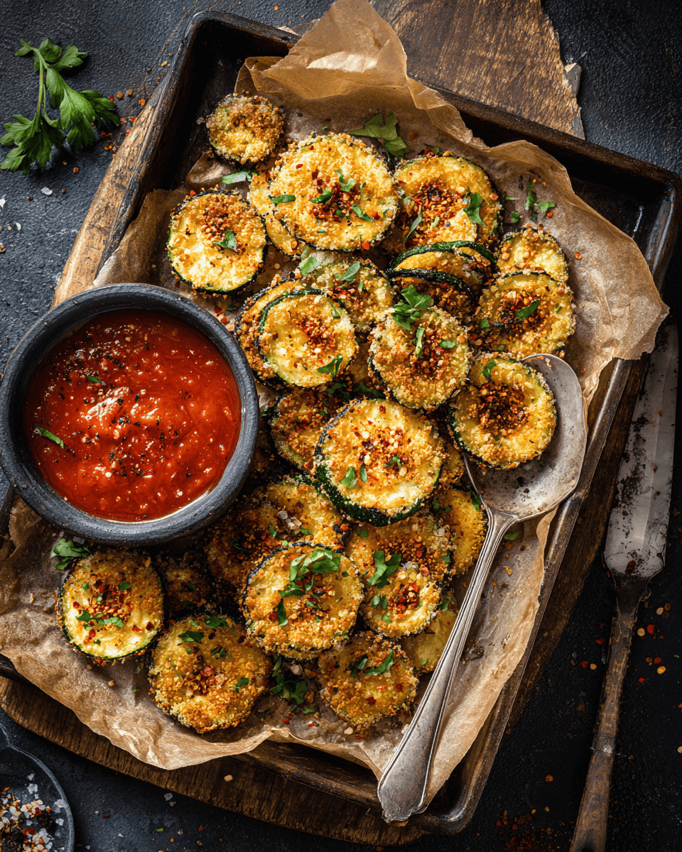 Crispy air fryer zucchini chips served in a tray with a sprinkle of salt and herbs