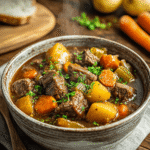 Close-up of tender beef and vegetables in a rich, flavorful stew broth
