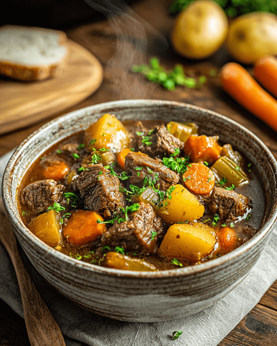 Close-up of tender beef and vegetables in a rich, flavorful stew broth