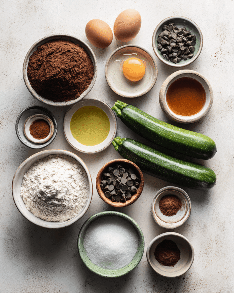 Ingredients for healthy chocolate zucchini muffins including shredded zucchini, cocoa powder, flour, eggs, and chocolate chips