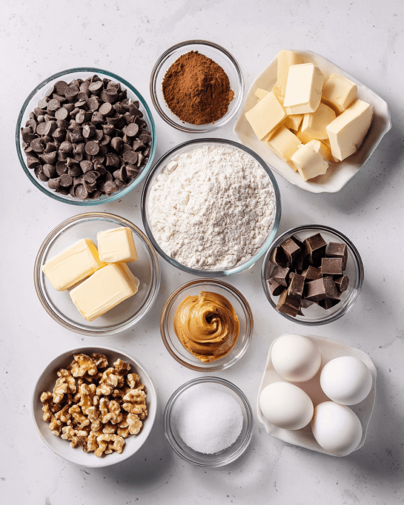 Ingredients for peanut butter chocolate lava cakes including dark chocolate, cocoa powder, butter, eggs, sugar, and creamy peanut butter