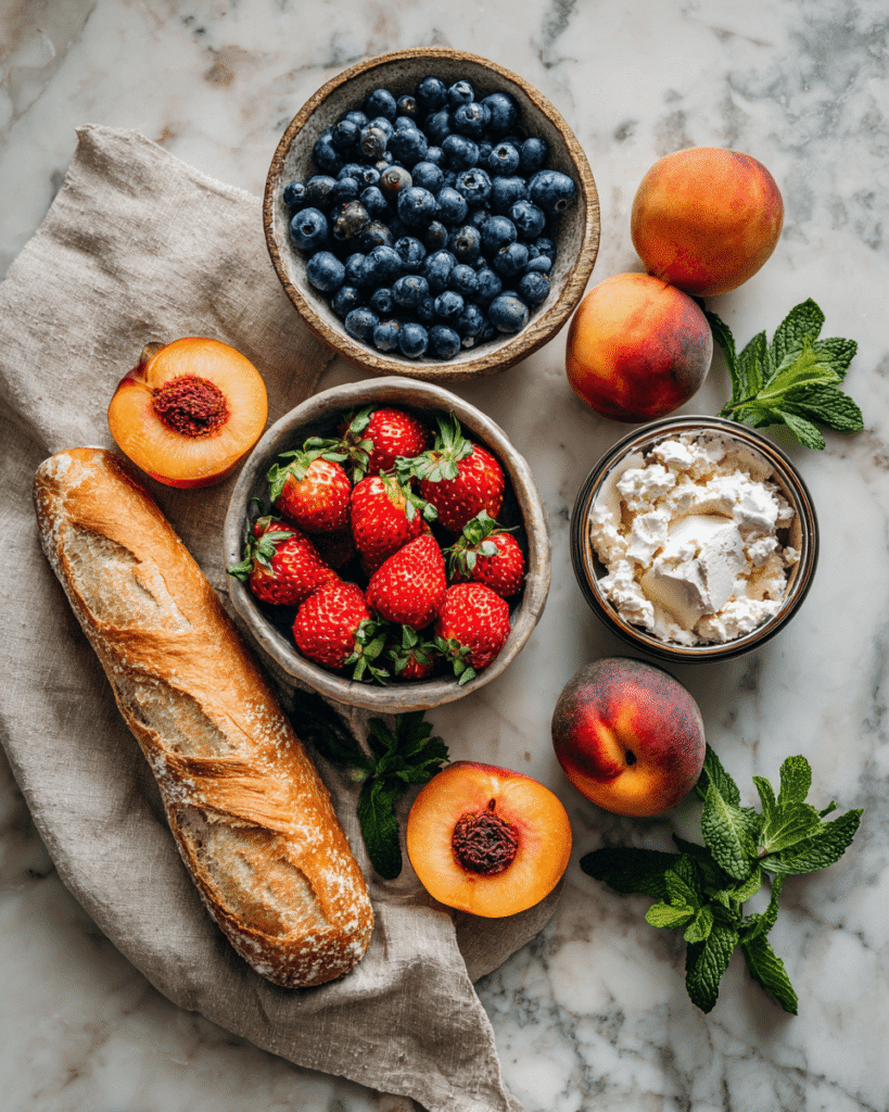 Ingredients for berry bruschetta including fresh strawberries, blueberries, baguette slices, cream cheese, and honey