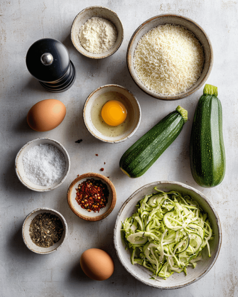 Ingredients for air fryer zucchini chips including fresh zucchini, olive oil, salt, and spices