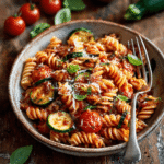 Plate of tomato zucchini pasta served with grated parmesan and fresh herbs