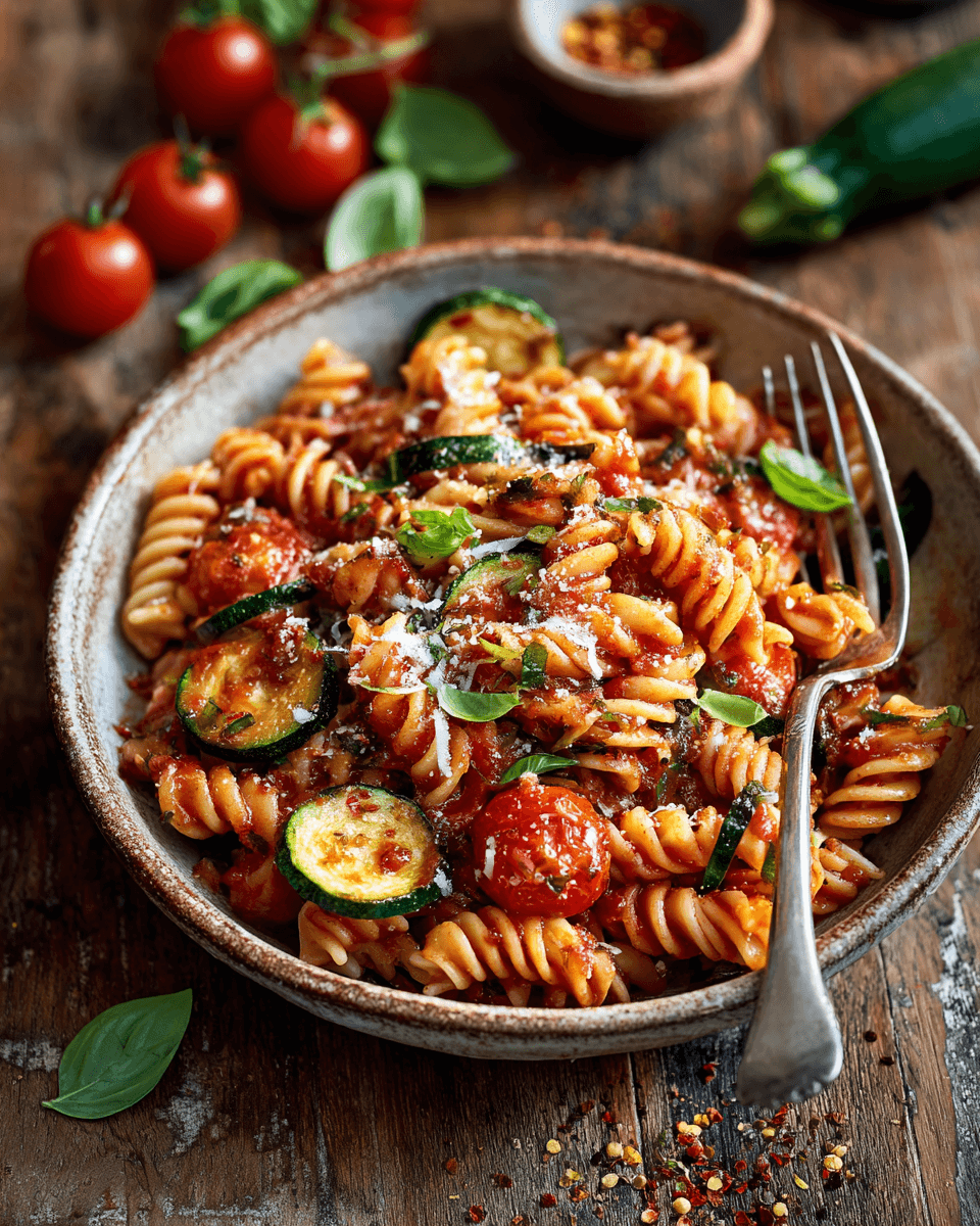 Plate of tomato zucchini pasta served with grated parmesan and fresh herbs