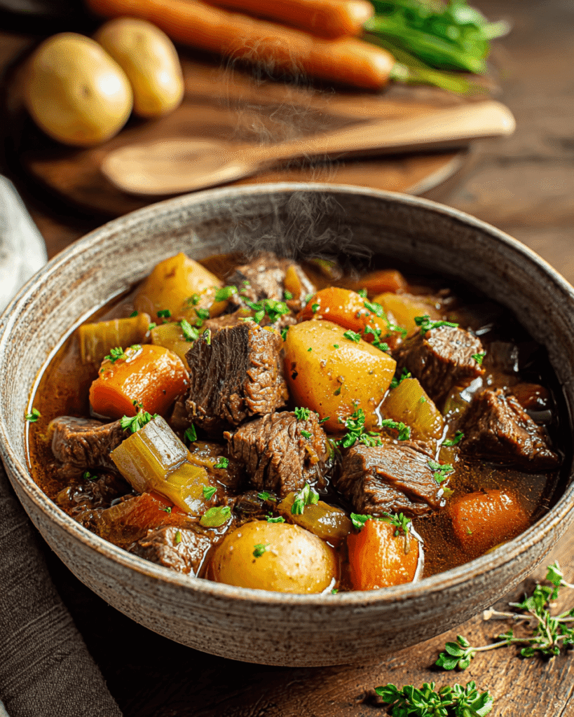 Close-up of tender beef and vegetables in a rich, flavorful stew broth