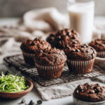 Moist chocolate zucchini muffins arranged on a cooling rack with melted chocolate on top