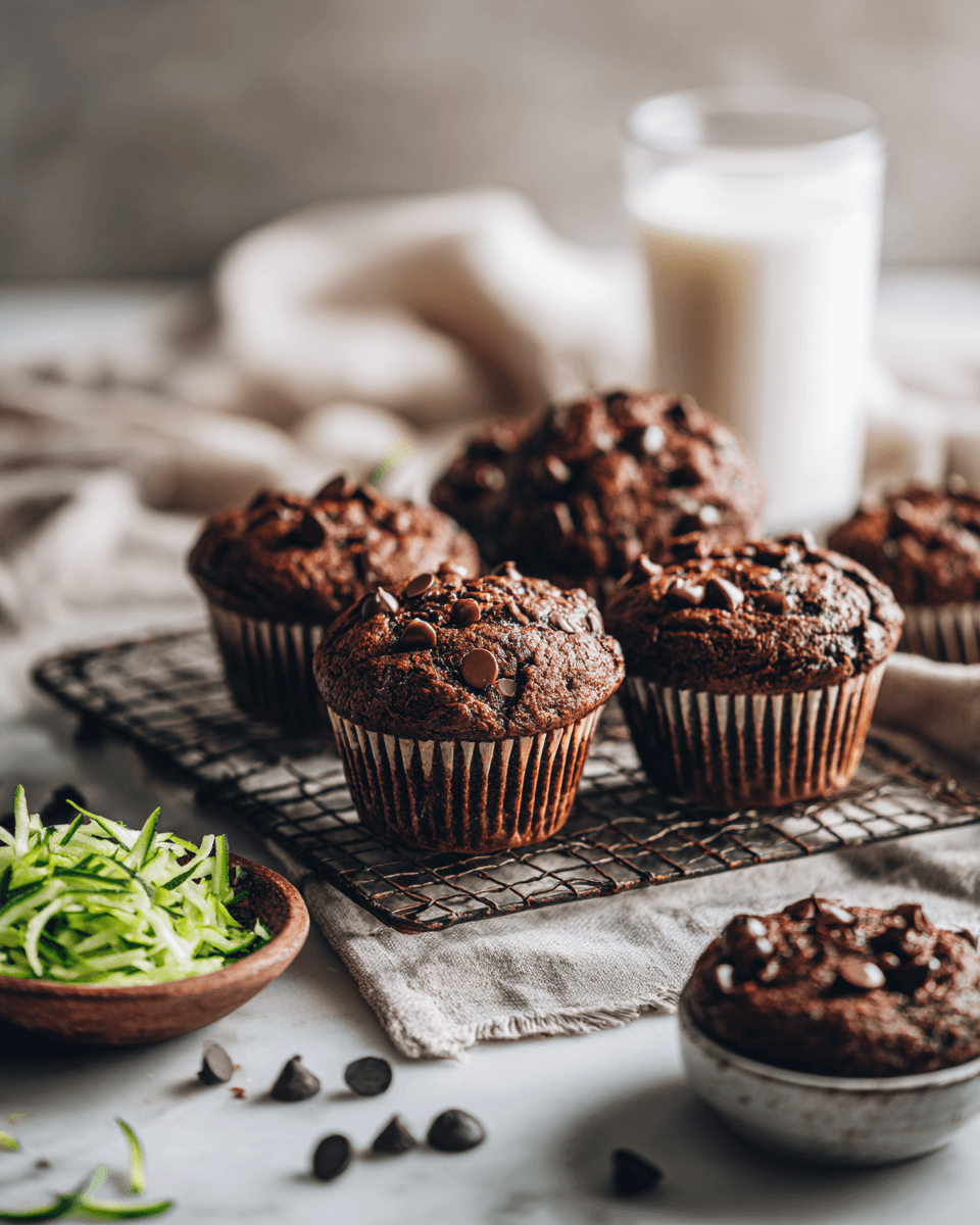 Moist chocolate zucchini muffins arranged on a cooling rack with melted chocolate on top