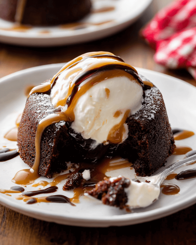 Molten peanut butter chocolate lava cake served warm with a scoop of vanilla ice cream