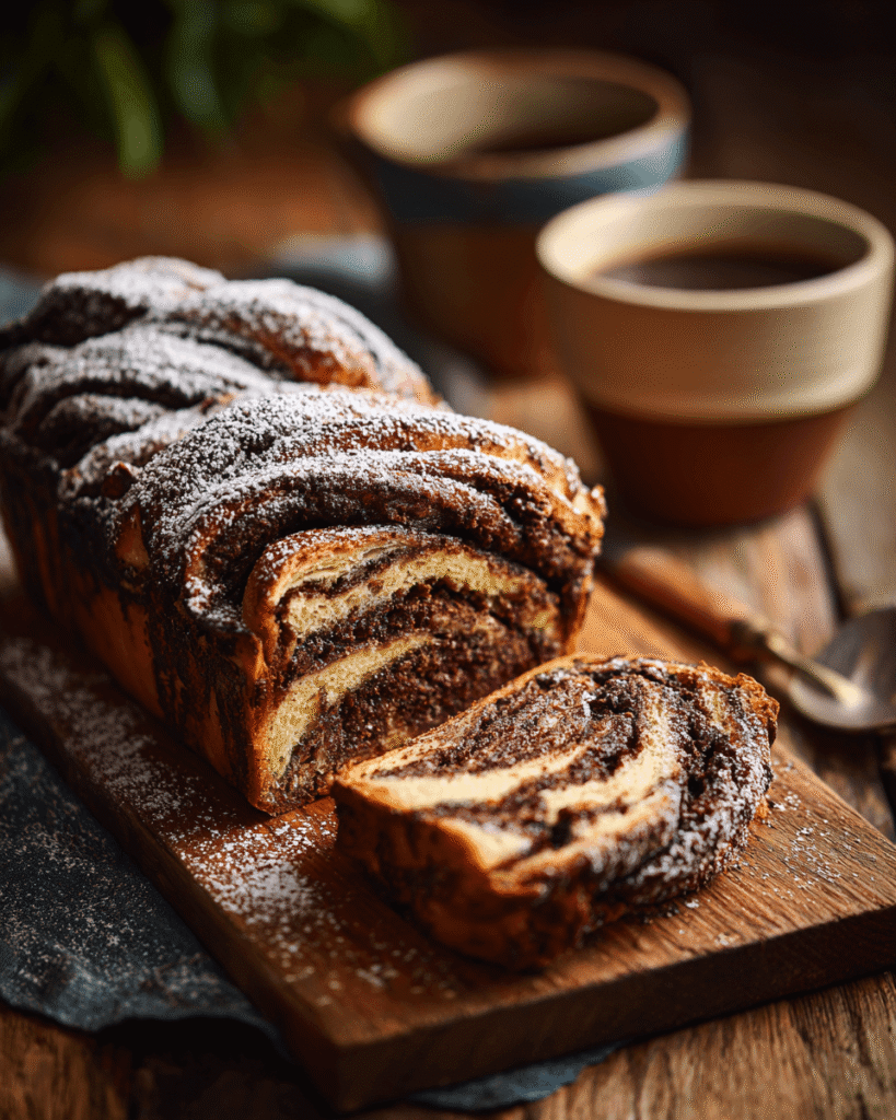Soft chocolate swirl babka freshly baked, sliced to show gooey chocolate layers