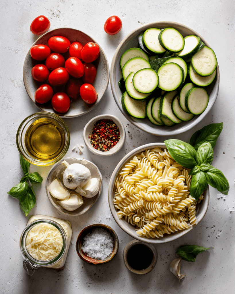 Ingredients for tomato zucchini pasta including spaghetti, zucchini, cherry tomatoes, garlic, olive oil, and basil