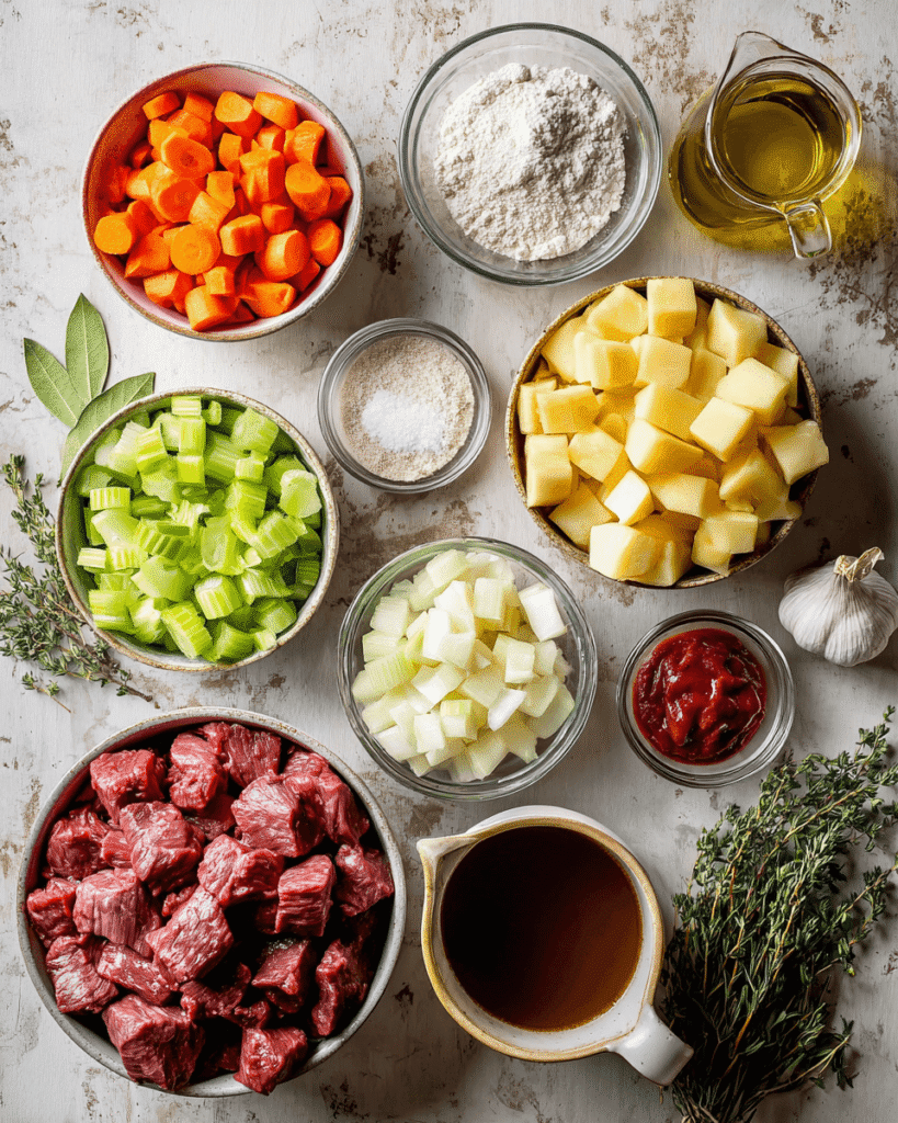 Ingredients for slow cooker beef stew including beef chunks, carrots, potatoes, onions, and herbs