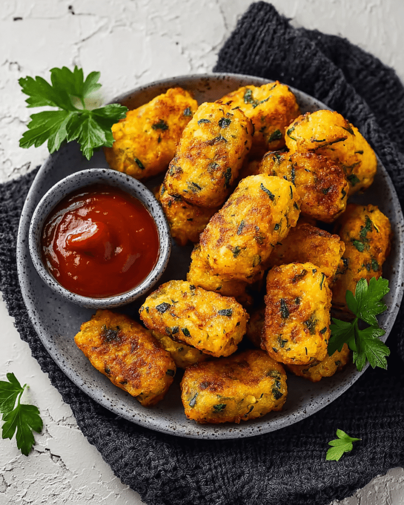 Golden crispy baked zucchini tots served on a plate with dipping sauce