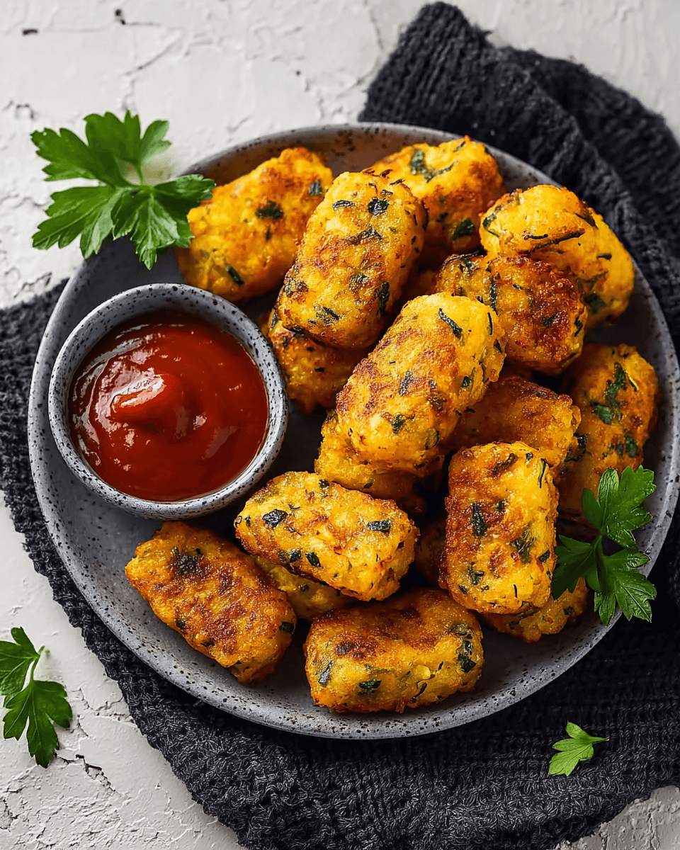 Golden crispy baked zucchini tots served on a plate with dipping sauce