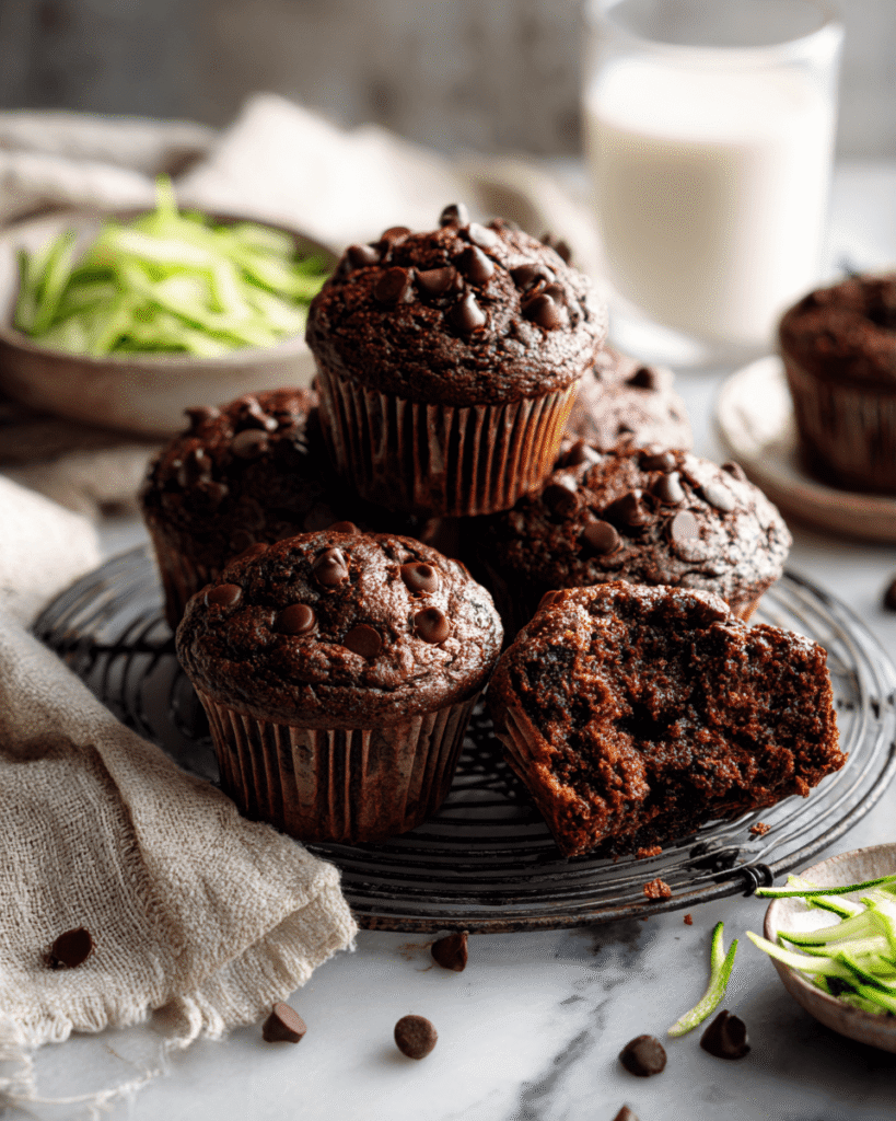 Healthy chocolate zucchini muffin served on a plate with extra chocolate chips