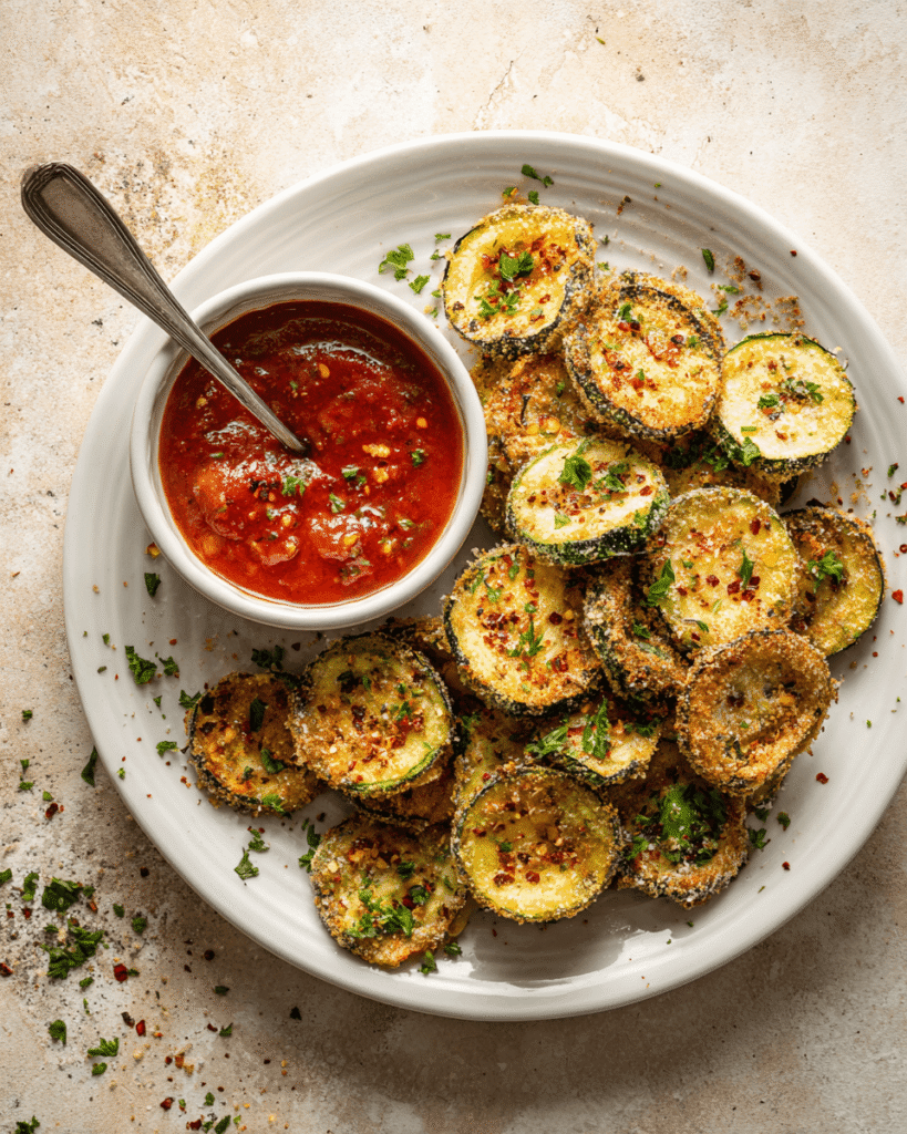 Bowl of crispy zucchini chips ready to eat, perfect healthy snack