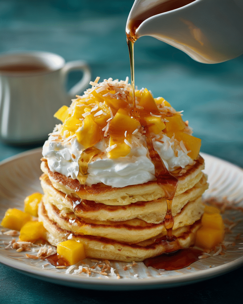 Stack of sweet coconut cream pancakes served with maple syrup and fresh fruit