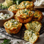 Golden zucchini quiche muffins baked in a muffin tin, topped with melted cheese and herbs