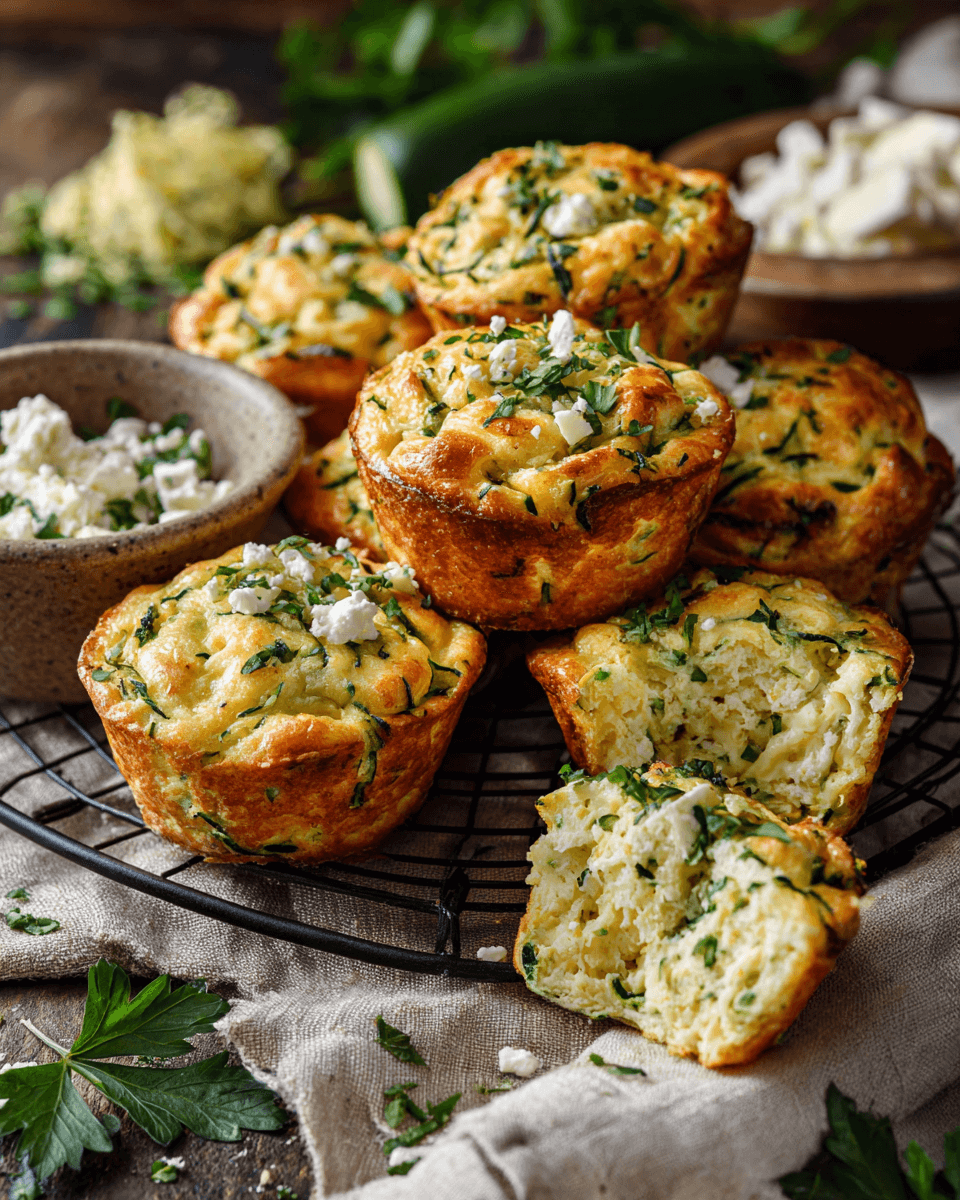 Golden zucchini quiche muffins baked in a muffin tin, topped with melted cheese and herbs