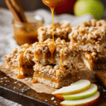 Salted caramel apple crumble bars cut into squares with a golden crumb topping and drizzled caramel