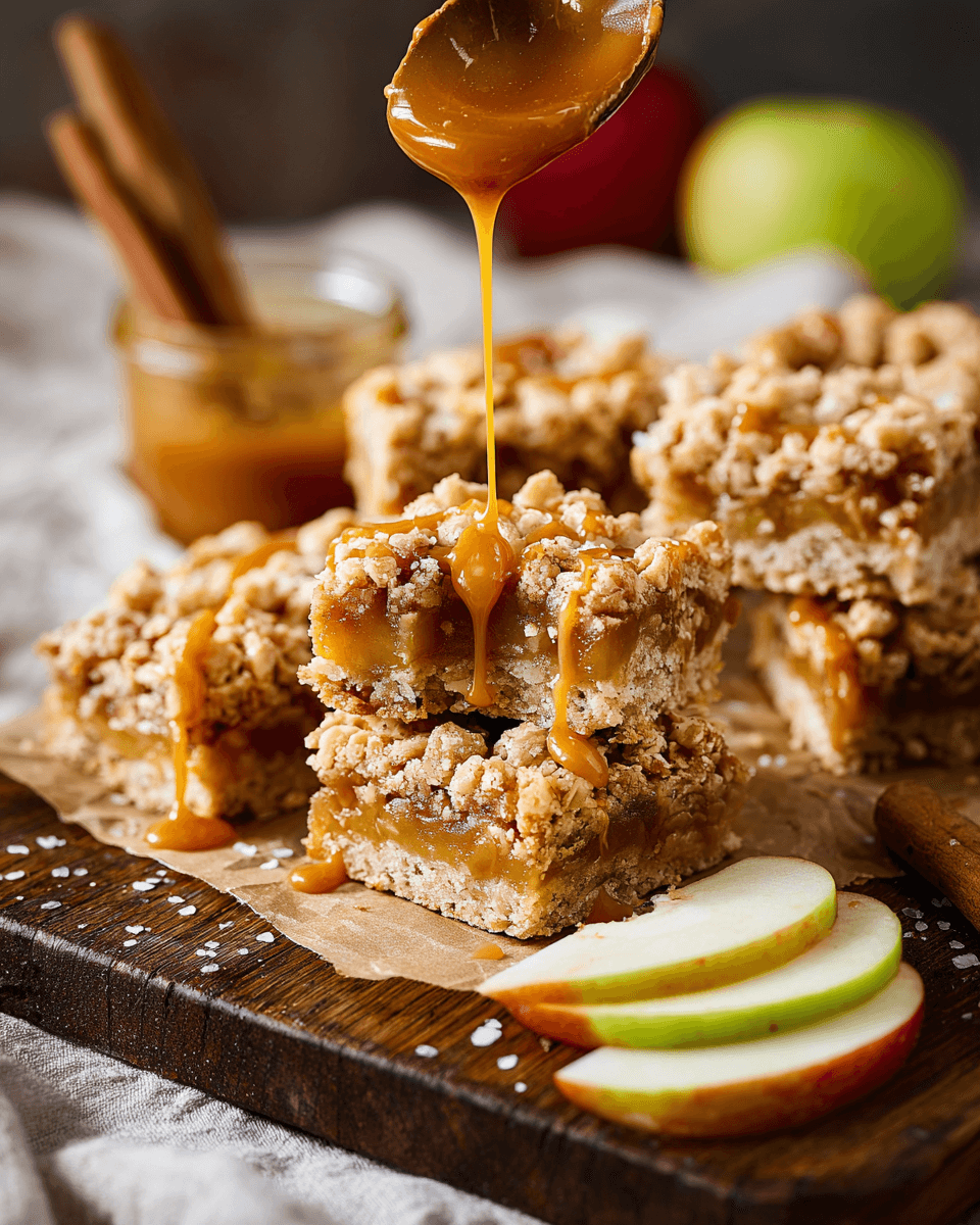 Salted caramel apple crumble bars cut into squares with a golden crumb topping and drizzled caramel