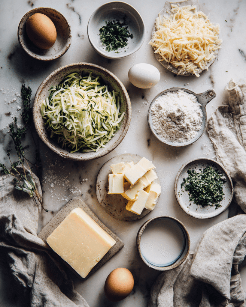 Ingredients for zucchini cheddar scones including shredded zucchini, cheddar cheese, flour, butter, and eggs