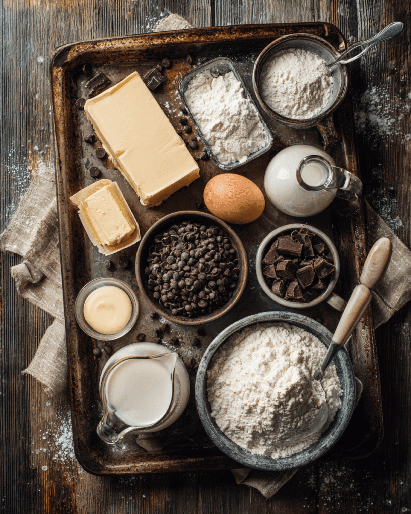 Ingredients for chocolate swirl babka including flour, sugar, butter, eggs, yeast, and chocolate