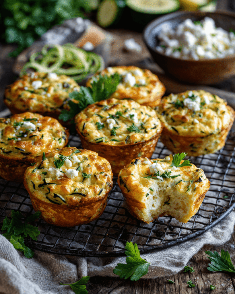 Stack of zucchini quiche muffins served on a plate with fresh parsley garnish