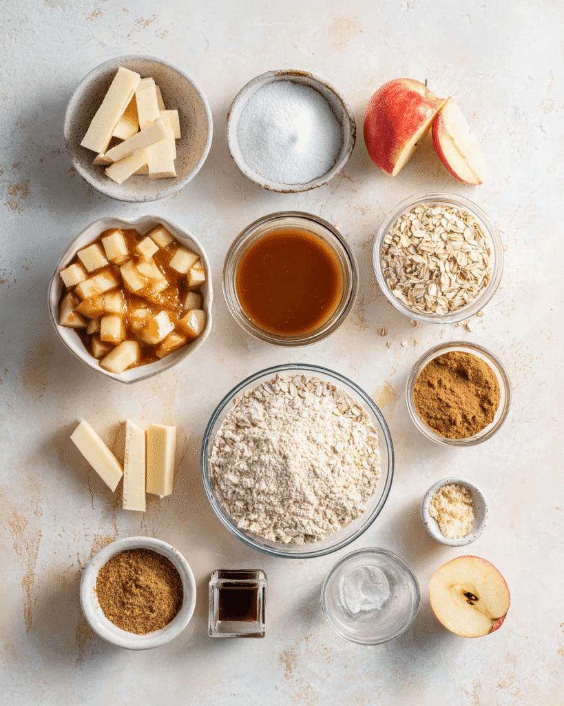 Ingredients for apple crumble bars including apples, oats, flour, butter, sugar, and caramel sauce