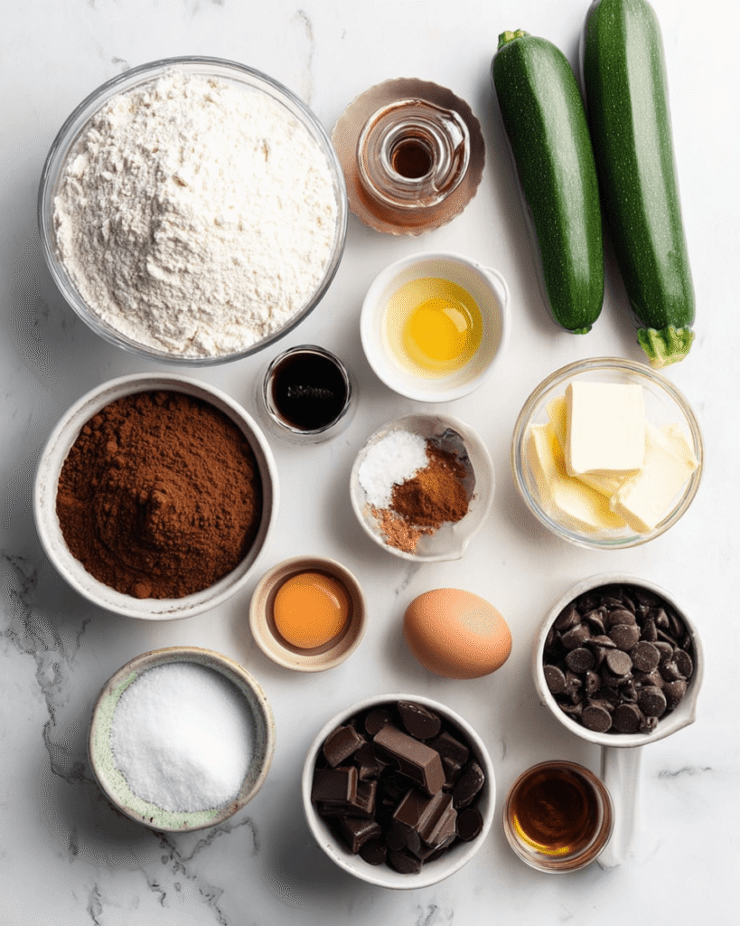 Ingredients for healthy chocolate zucchini cake including shredded zucchini, cocoa powder, flour, eggs, and dark chocolate