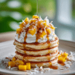 Fluffy coconut cream pancakes stacked high with shredded coconut and syrup drizzled on top