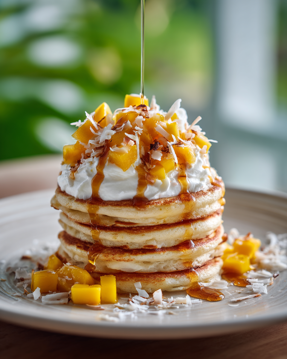 Fluffy coconut cream pancakes stacked high with shredded coconut and syrup drizzled on top