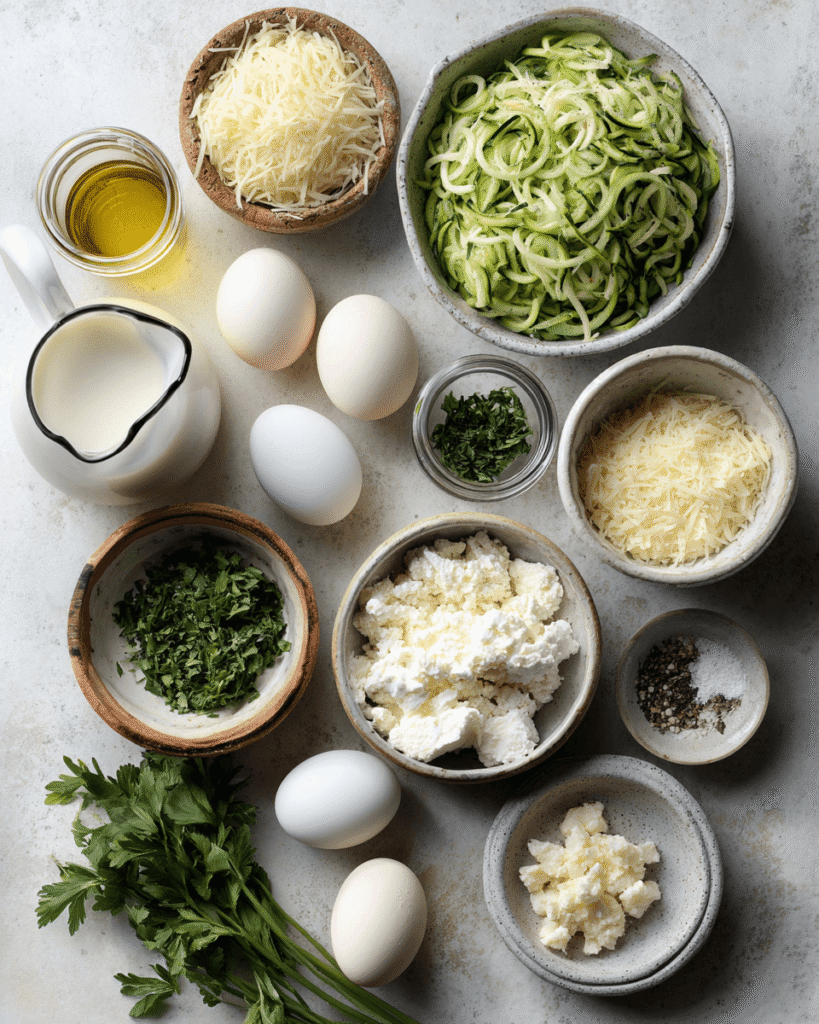 Ingredients for zucchini quiche muffins including shredded zucchini, eggs, cheese, milk, and fresh herbs