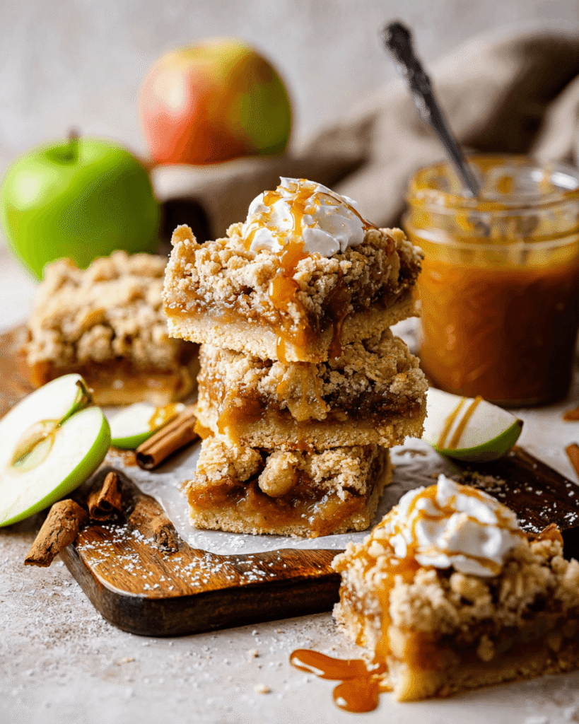 Close-up of gooey apple filling layered between buttery crust and crumbly topping