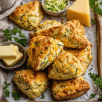 Golden brown zucchini cheddar scones stacked on a plate, flaky and cheesy