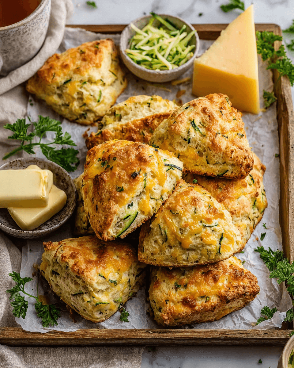 Golden brown zucchini cheddar scones stacked on a plate, flaky and cheesy