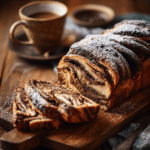 Slice of soft chocolate swirl babka on a plate, showing rich chocolate swirls