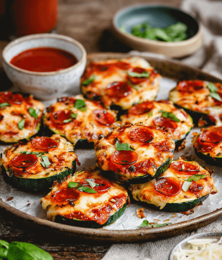 Zucchini pizza bites served on a platter with a side of marinara dipping sauce