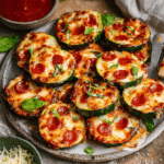 Easy zucchini pizza bites topped with melted cheese and pepperoni on a plate