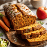 Moist carrot apple zucchini bread loaf sliced on a wooden board, golden brown and flavorful