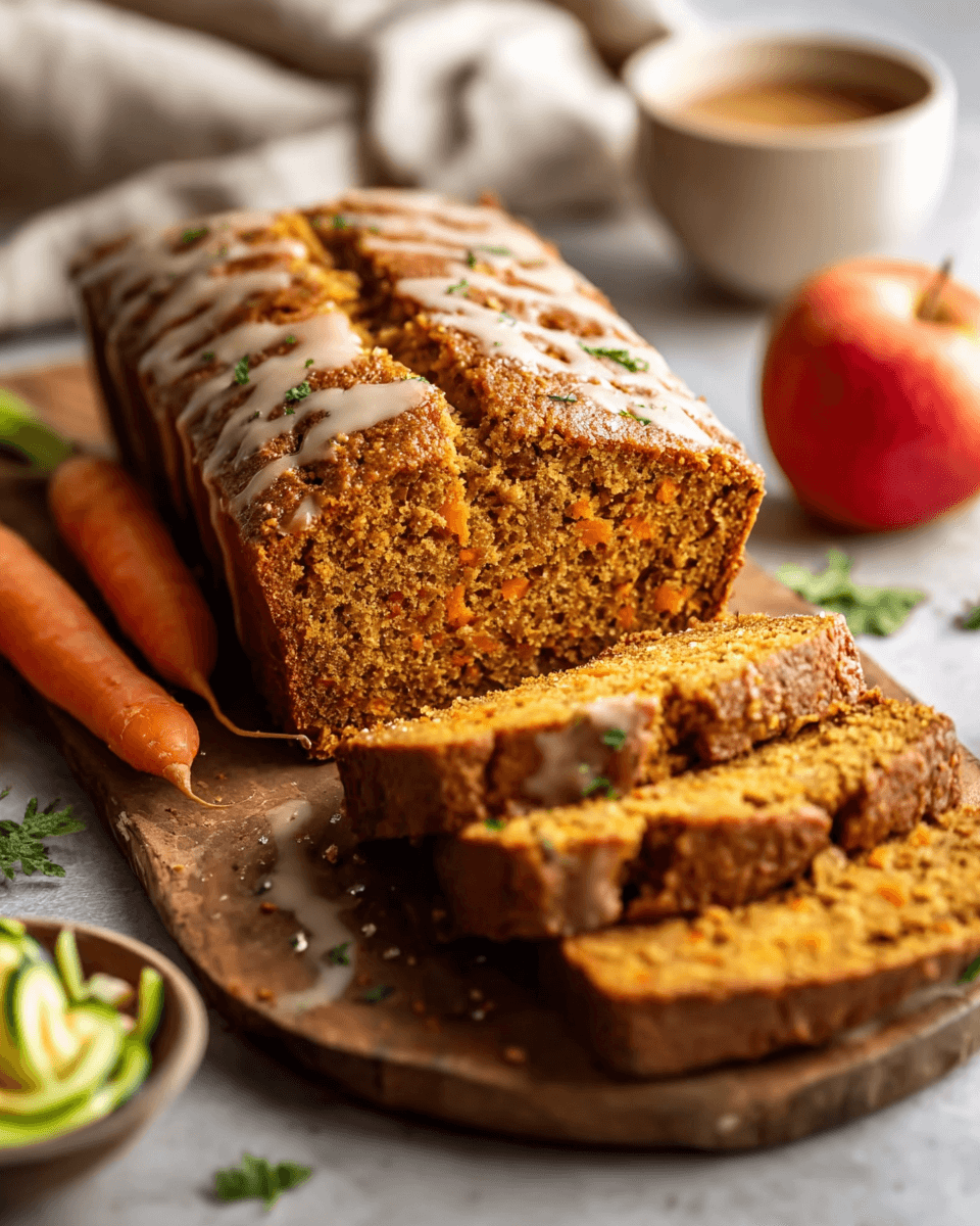 Moist carrot apple zucchini bread loaf sliced on a wooden board, golden brown and flavorful
