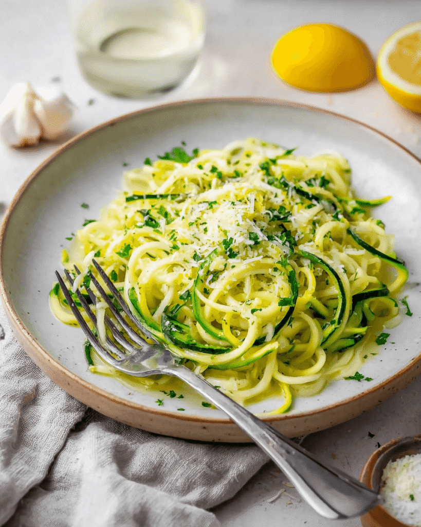 Bowl of lemon garlic zucchini noodles topped with grated parmesan and fresh herbs