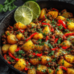 Mexican ground beef and potato skillet topped with melted cheese, fresh cilantro, and lime wedges