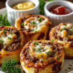 Garlic butter cheeseburger rollups cut into pieces and served on a platter for an easy appetizer or dinner
